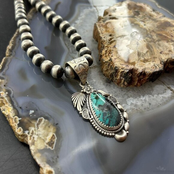 Sterling Southwestern Style Teardrop Turquoise Decorated Pendant For Women - Picture 5 of 10